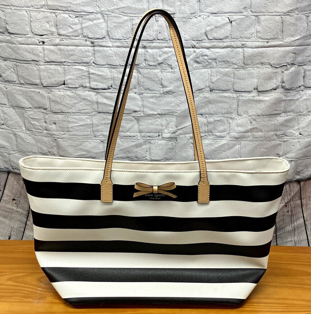 kate spade new york Women's Black White Striped Tote Zip Bow Gold Dust Bag